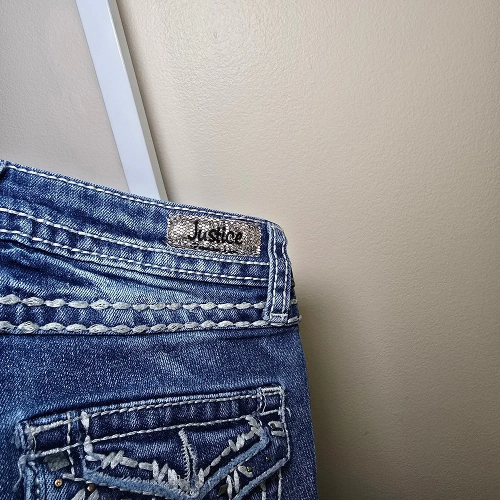 Justice Premium Jeans Girls 8R Super Skinny Simply Low Medium Wash Embellished